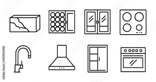 Modern kitchen appliance and furniture icons for design projects