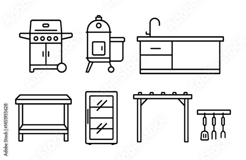 Outdoor kitchen and grill icons set – outline, linear, bbq and cooking symbols