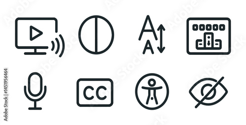 Multimedia accessibility outline icons set – flat, digital, universal design symbols
