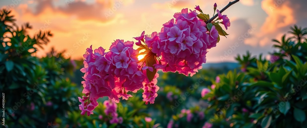 Obraz premium Vibrant cherry blossom branch cascading over lush tropical foliage against a sunset sky, cherry tree, pink