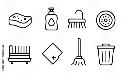 Cleaning and hygiene outline icons set – linear, line, sanitation and chores symbols