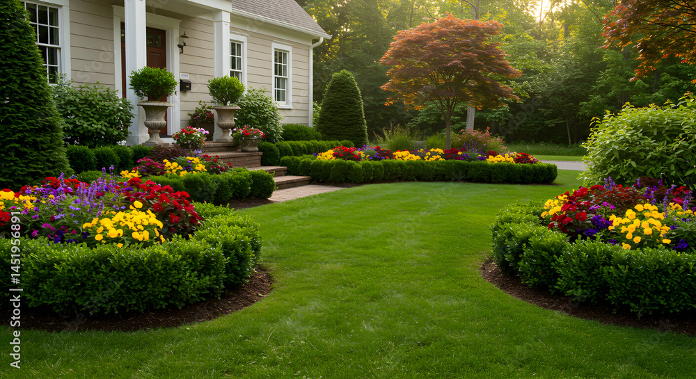 Fototapeta premium Well Kept Garden with Colorful Flowers and Bushes in Front of the House