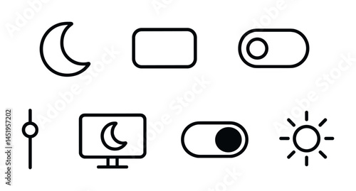 Night and day outline icons set – silhouette, moon, sun and toggle symbols