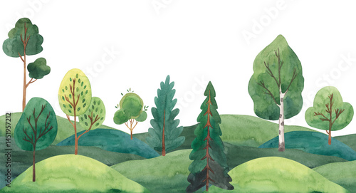 Watercolor green forest landscape illustration for kids