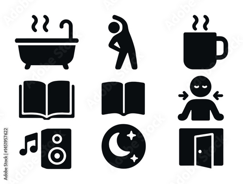Daily routine solid icons set – filled, outline, lifestyle and activity symbols