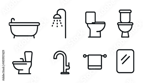 Bathroom essentials line icons set – outline, plumbing, cleaning and hygiene symbols