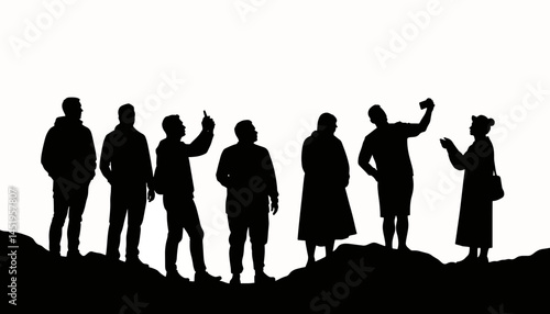 Silhouette of tourists taking selfies on a hill, capturing memories
