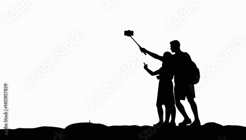 Tourists taking selfies with a selfie stick, joyful exploration