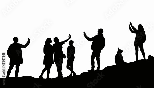 Tourists enjoying selfies on scenic hilltop, joyful memories