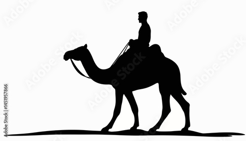 Silhouette of rider on camel against white background, desert journey