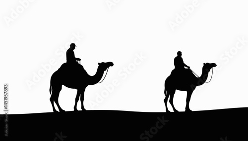 Silhouettes of riders on camels crossing desert landscape, adventure