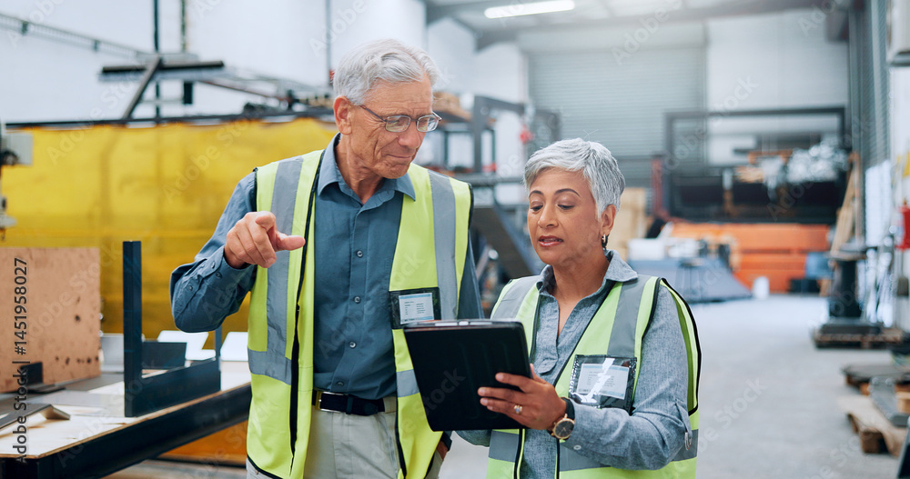 Mature people, engineer and tablet at factory for planning, supply chain and inventory management. Man, woman and teamwork with digital for manufacturing, logistics feedback and production checklist Mature people, engineer and tablet at factory for planning, supply chain and inventory management. Man, woman and teamwork with digital for manufacturing, logistics feedback and production checklist