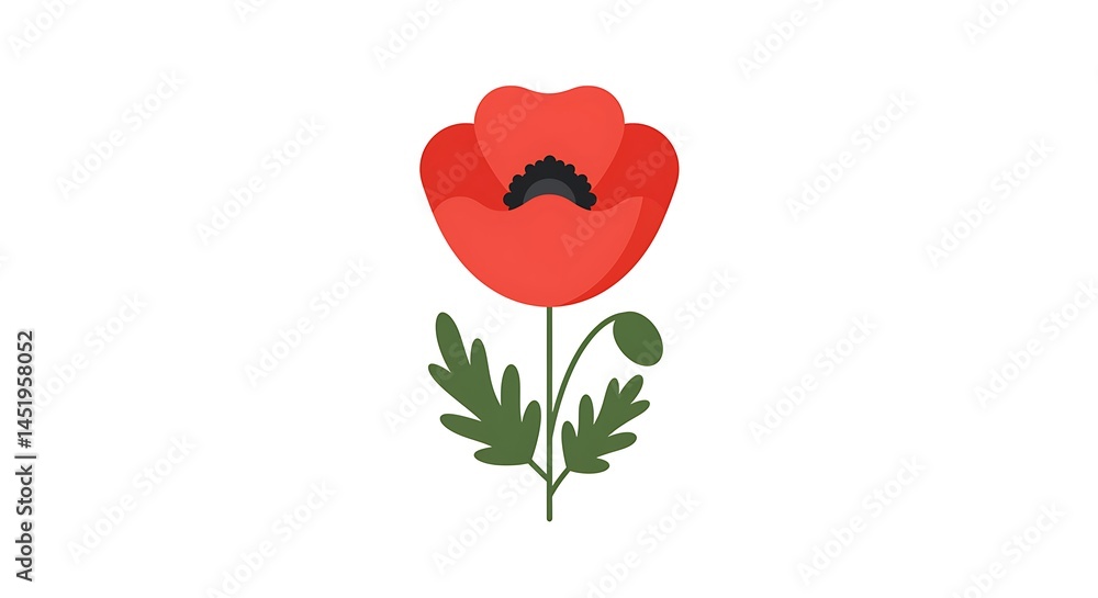 Obraz premium Minimalist Red Poppy Flower Stands Tall: Simple Style, Vector Design, Remembrance Symbol on Plain White Backdrop, Poignant Mood, Memorial, Artistic Still Life