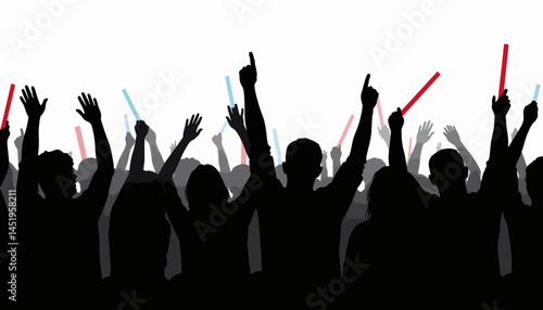Cheering fans with glow sticks at concert, excitement and celebration