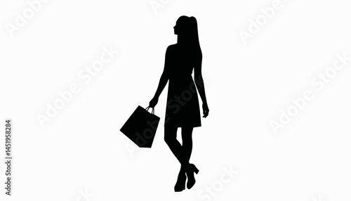 Stylish woman silhouette holding shopping bag on white background, elegance
