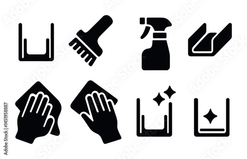Cleaning silhouette icons set – hygiene, sanitation symbols for tidy spaces