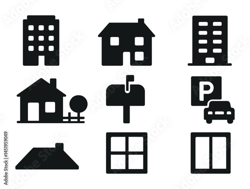 Real estate and home silhouette icons set – filled, property, building symbols