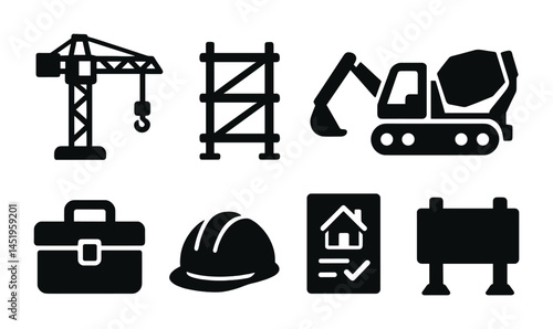 Construction and tools solid icons set – building, flat, industrial design symbols