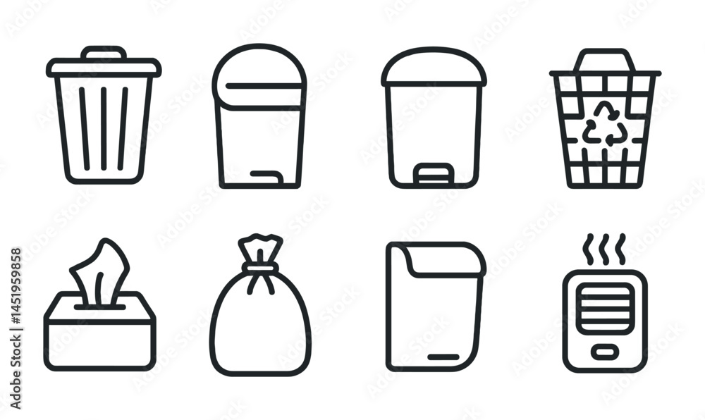 Waste management outline icons set – recycling, trash, environment symbols Waste management outline icons set – recycling, trash, environment symbols