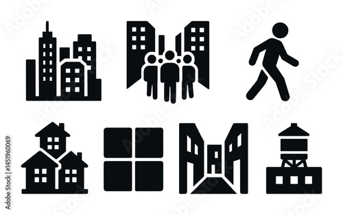 Urban and cityscape silhouette icons set – buildings, skyline, metropolitan symbols
