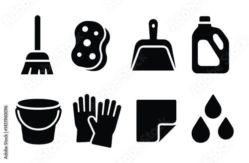 Cleaning tools silhouette icons set – solid, filled, housekeeping essentials