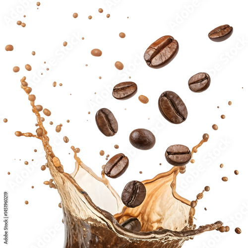 roasted coffee beans falling into a dynamic coffee splash, captured mid-motion and isolated on a white or transparent background.