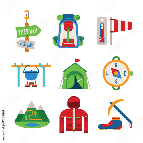 Set of vector colorful hiking icons in flat style