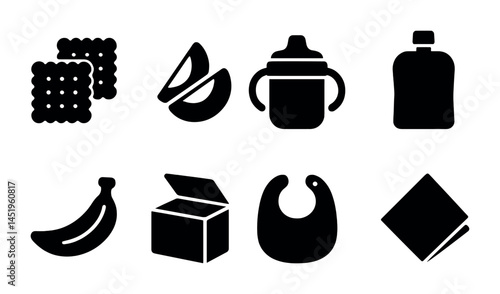 Baby essentials silhouette icons set – solid, filled, infant and nursery items