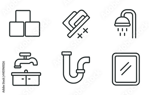 Plumbing outline icons set – linear, silhouette, water and repair symbols