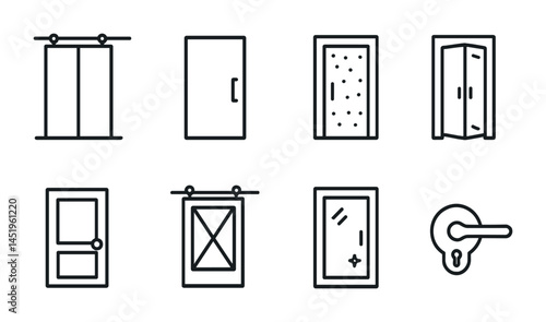 Modern doors linear icons set – outline, line, entryway and interior design symbols