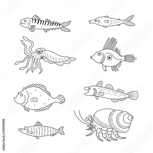 Set of monochrome vector doodle fishes and sea dwellers isolated on white background
