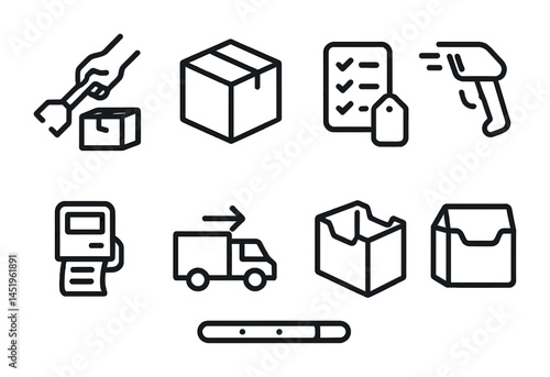 Logistics and inventory line icons set – outline, shipping, warehouse management symbols