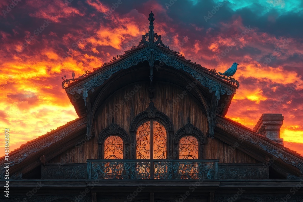 Fototapeta premium Ornate wooden structure rooftop at sunset.