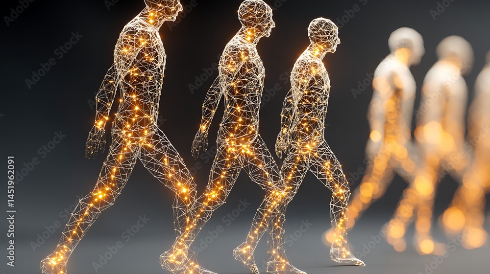 Abstract representation of human movement, glowing skeletal figures walking in a line Abstract representation of human movement, glowing skeletal figures walking in a line