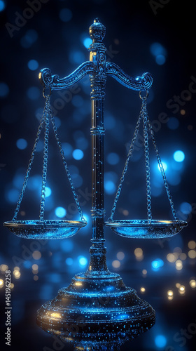 Glowing blue digital scale of justice symbolizing law and balance in futuristic setting