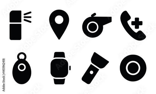 Emergency and safety solid icons set – filled, silhouette, alert and rescue symbols