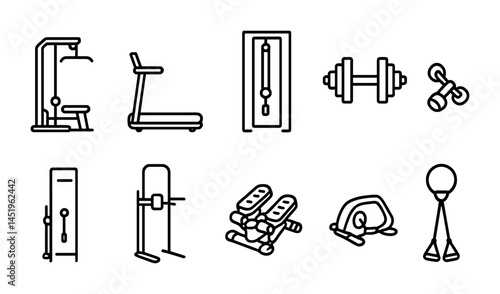 Fitness and gym line icons set – outline, training, exercise equipment symbols