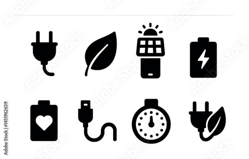 Eco energy icons set – solid, filled, sustainable and renewable power symbols