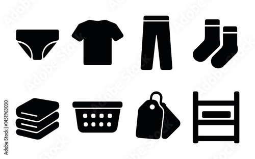 Clothing and laundry solid icons set – flat, filled, wardrobe and garment symbols