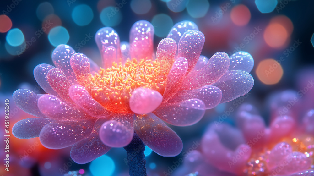 Glowing flower with translucent petals against bokeh background, dreamy fantasy nature concept with dewdrops and sparkles Glowing flower with translucent petals against bokeh background, dreamy fantasy nature concept with dewdrops and sparkles