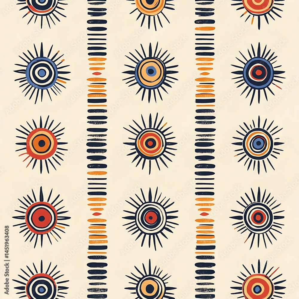 Abstract seamless pattern with stylized sun or starburst motifs in orange, red, and blue, on an off white background. Vertical stripes in black, orange, and off white add a linear element to the Abstract seamless pattern with stylized sun or starburst motifs in orange, red, and blue, on an off white background. Vertical stripes in black, orange, and off white add a linear element to the