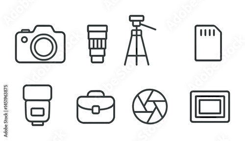 Photography and camera line icons set – outline, equipment, shoot and gear symbols