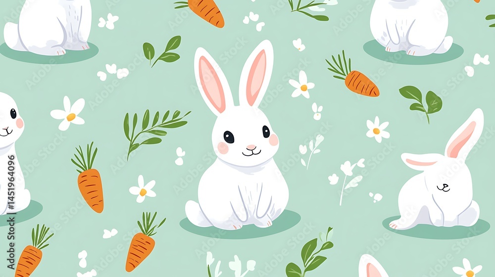 Seamless pattern of pixel art white rabbits, carrots, and white flowers on a pastel green background. A cheerful, spring themed design Seamless pattern of pixel art white rabbits, carrots, and white flowers on a pastel green background. A cheerful, spring themed design