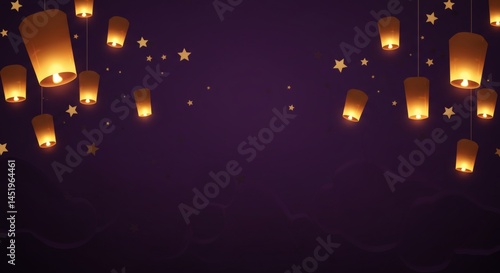 Floating Sky Lanterns and Stars Against a Dark Purple Night Sky