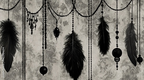 Black and white image featuring a textured background with vertical lines, adorned with hanging black feathers, beads, and other decorative elements. The overall mood is dark, elegant, and slightly