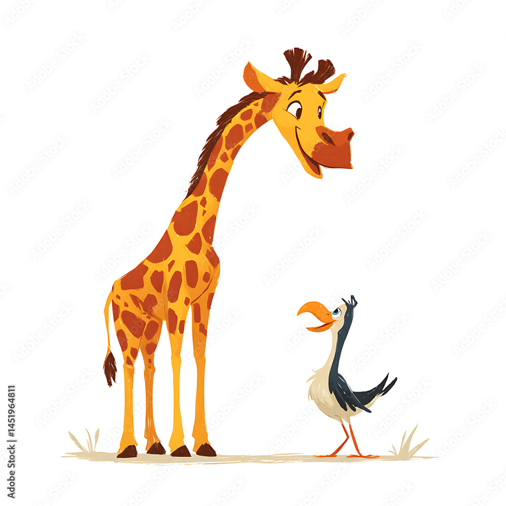 Cartoon illustration of a giraffe smiling at a bird with an open beak. Whimsical animal friendship on a plain background. Cartoon illustration of a giraffe smiling at a bird with an open beak. Whimsical animal friendship on a plain background.