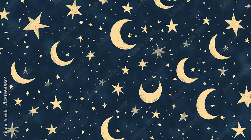 Cream colored crescent moons and stars on a dark blue background. The pattern is simple and repetitive, creating a celestial night sky effect. The style is naive and slightly textured Cream colored crescent moons and stars on a dark blue background. The pattern is simple and repetitive, creating a celestial night sky effect. The style is naive and slightly textured
