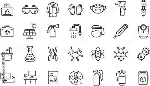 Comprehensive Icons for Laboratory Safety, Equipment, and Scientific Research.