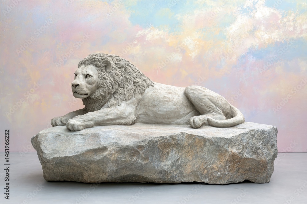 Fototapeta premium Sculpted lion resting on a large rock formation.