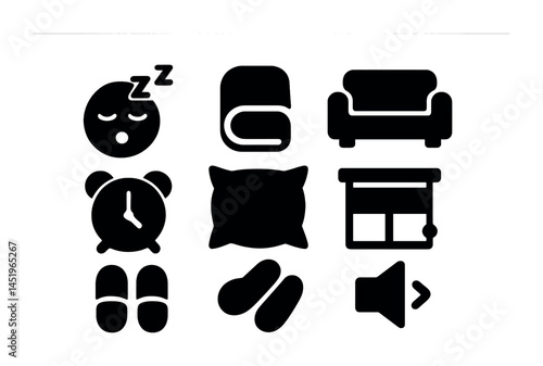 Sleep and relaxation filled icons set – solid, silhouette, bedtime symbols
